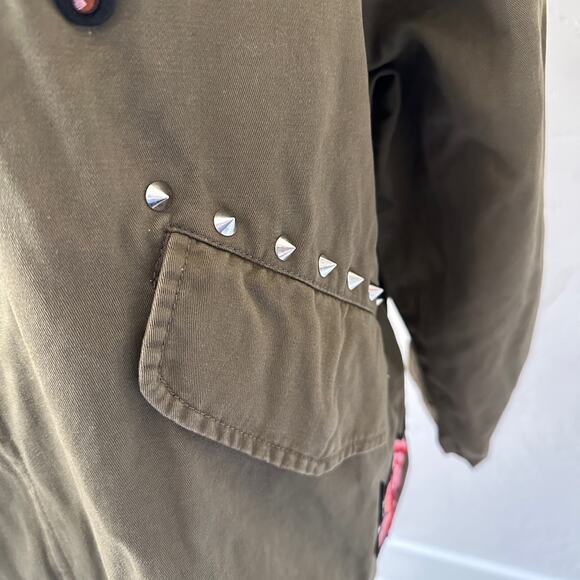 H&M | Womens Army Green Cotton Twill Bird Flower Bee Patch Bomber Jacket Small - Picture 8 of 15